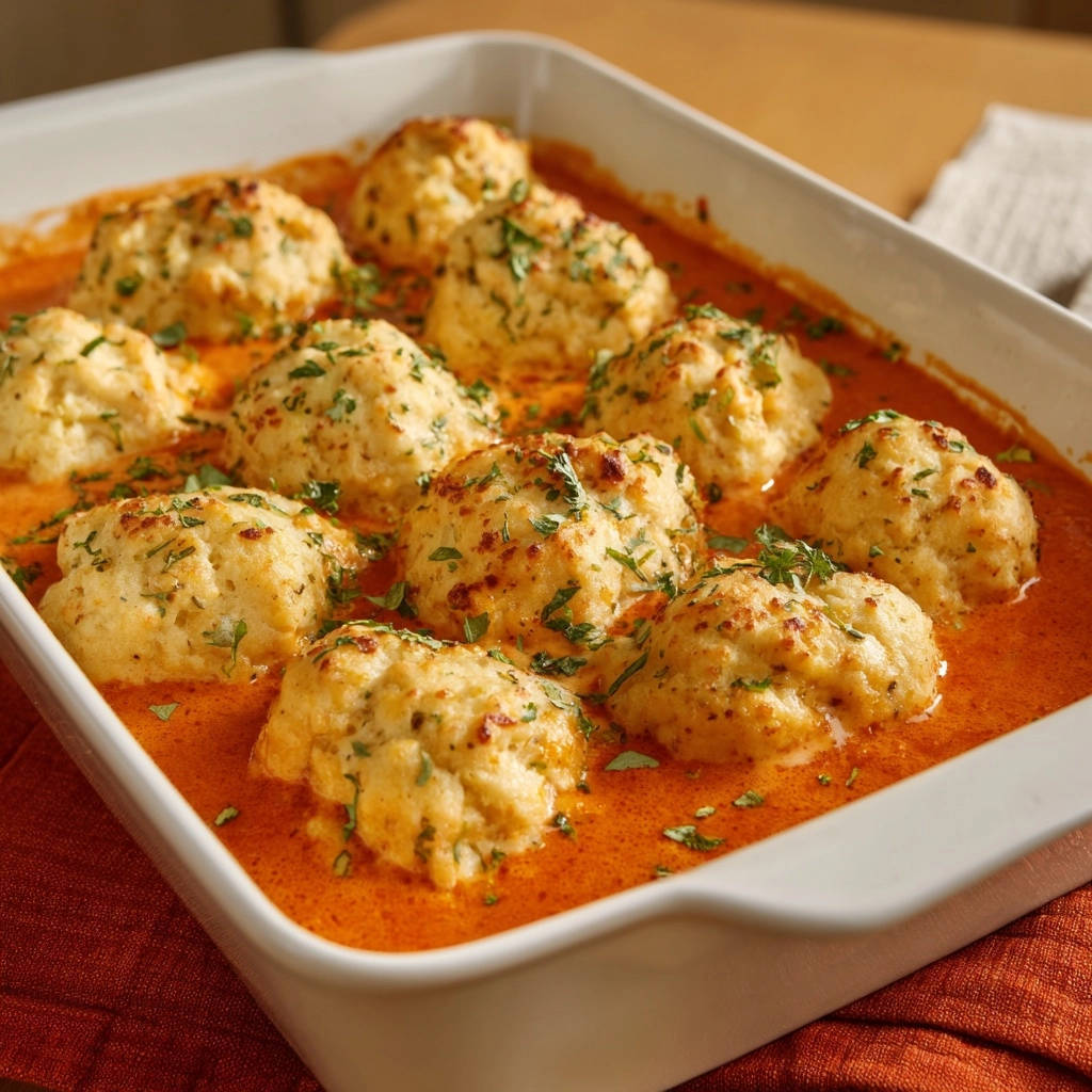 Gebackene Ricotta-Klöße in einer cremigen Sauce, garniert mit Kräutern, im weißen Backgeschirr serviert