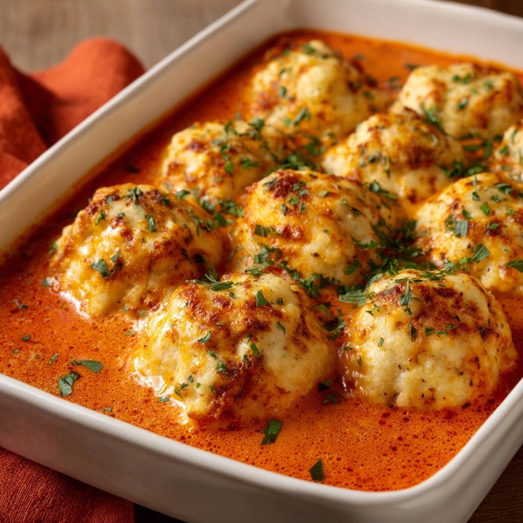 Gebackene Ricotta Kloesse Im Rost 1 Gebackene Ricotta-Klöße in einer Auflaufform, mit frischer Petersilie garniert und in einer cremigen Tomatensoße serviert.