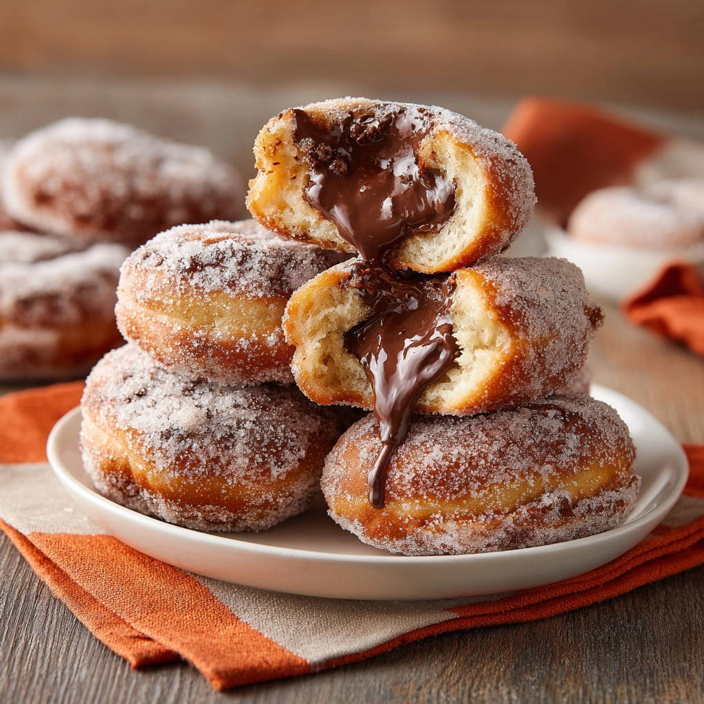 Gefüllte Schokoladen-Krapfen angeschnitten mit flüssiger Schokoladenfüllung, die herausläuft, serviert auf einem Teller.
