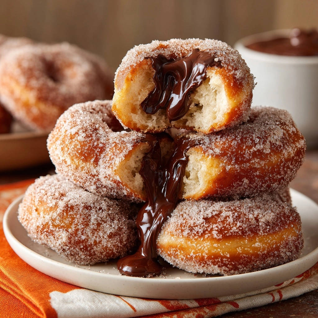 Gefüllte Schokoladen-Krapfen angeschnitten, mit flüssiger Schokolade, die aus dem Inneren fließt.
