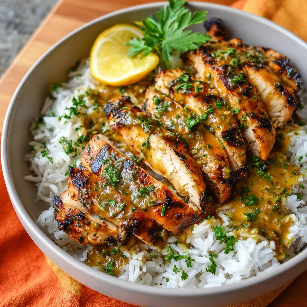Gegrilltes Hähnchen mit aromatischer Curry-Zitronensauce und Reis, nahaufnahme der geschnittenen Hähnchenbrust mit Sauce und Reis.