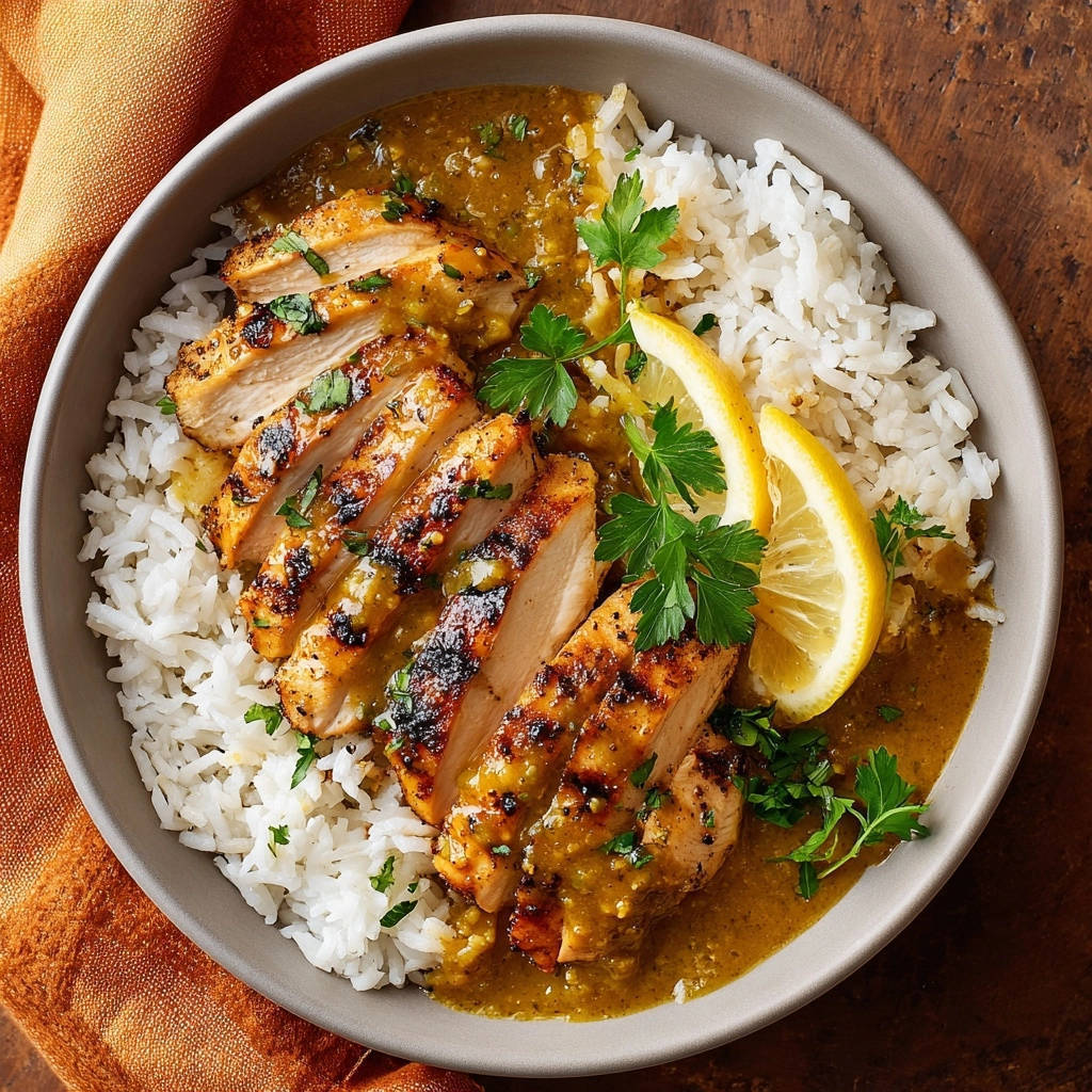 Gegrilltes Hähnchen mit Curry-Zitronensauce und Reis, von oben als Nahaufnahme serviert mit Zitronenspalten und Petersilie.