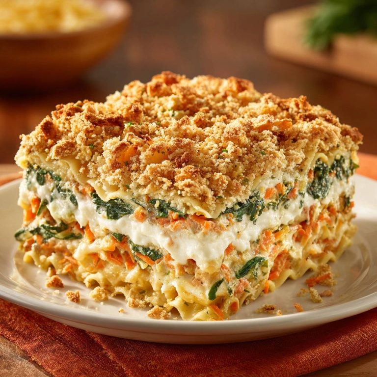 Gemüse-Lasagne mit knuspriger Bröselkruste, angeschnitten und von der Seite gezeigt, mit sichtbaren Schichten von Gemüse und Käse.
