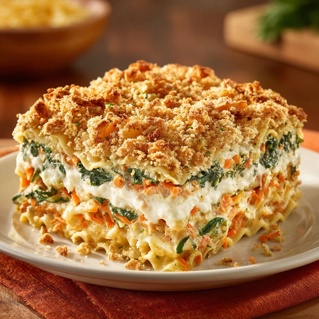Gemüse-Lasagne mit knuspriger Bröselkruste, angeschnitten und von der Seite gezeigt, mit sichtbaren Schichten von Gemüse und Käse.