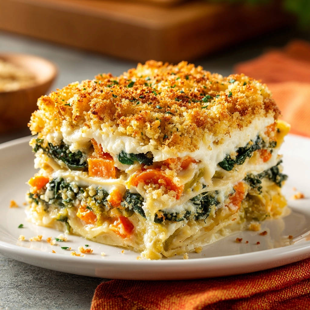 Gemuese Lasagne Querschnitt Broeselkruste 1 Gemüse-Lasagne mit knuspriger Bröselkruste im Anschnitt, die Schichten von Gemüse und Käse enthüllt.