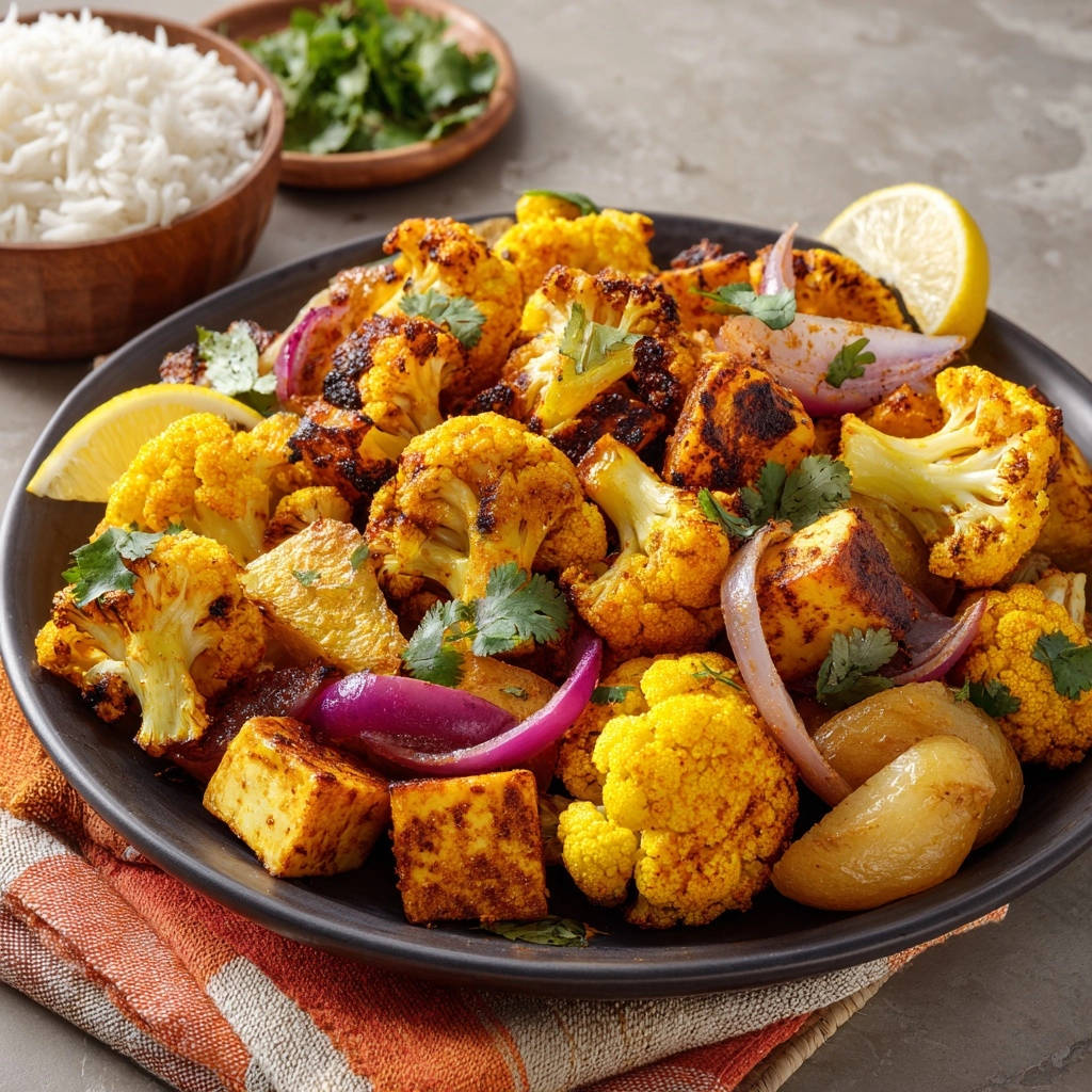 Geroesteter Blumenkohl Kartoffeln Kurkuma Zitronen Marinade 1 Gerösteter Blumenkohl und Kartoffeln mit Kurkuma-Zitronen-Marinade auf einem dunklen Teller mit Zitrone und Koriander garniert.
