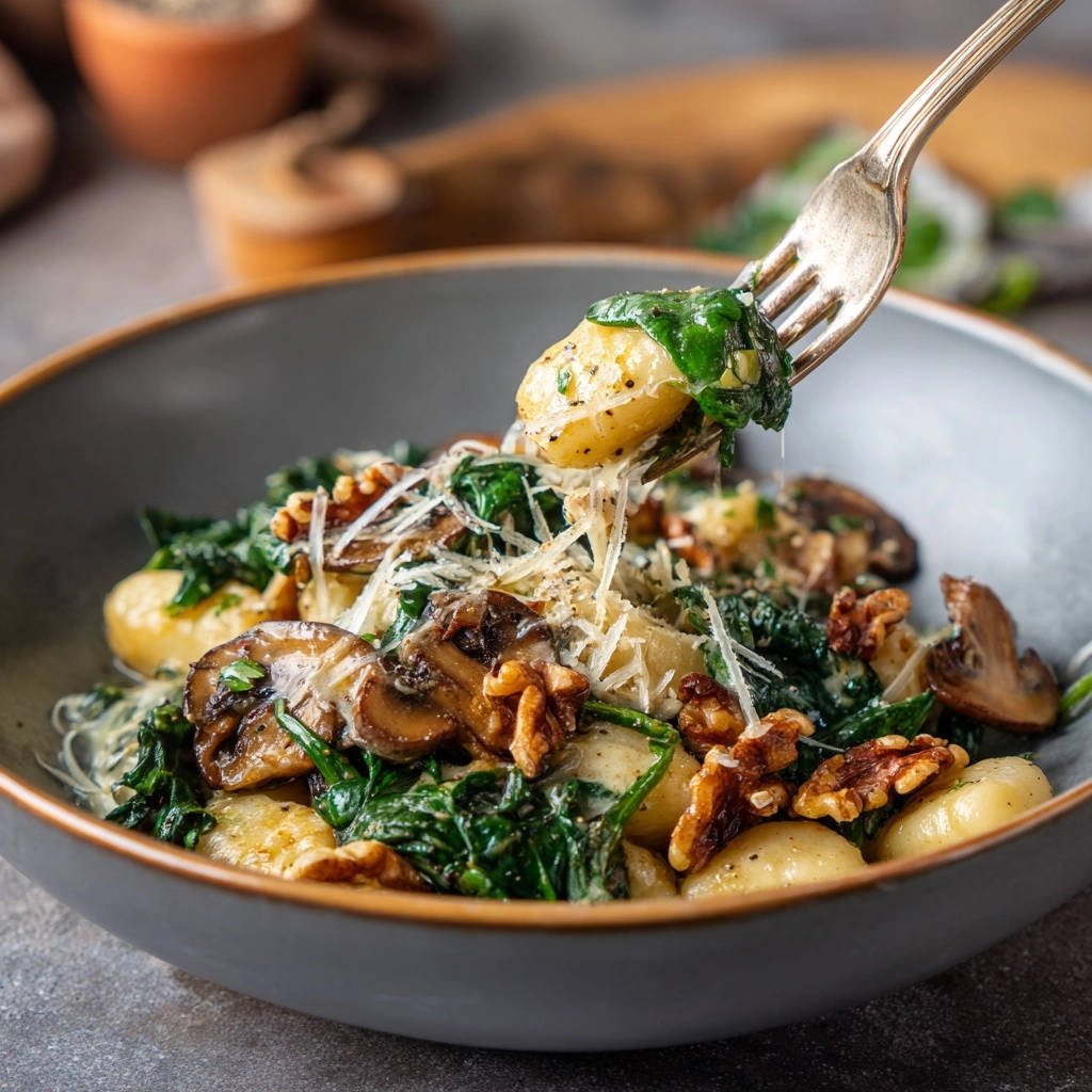 Gnocchi Pfanne Mit Gabel Angehoben 1 Gnocchi Pfanne mit Pilzen, Spinat und Walnüssen, eine Gabel hebt einen Teil des Gerichts mit cremiger Sauce an.