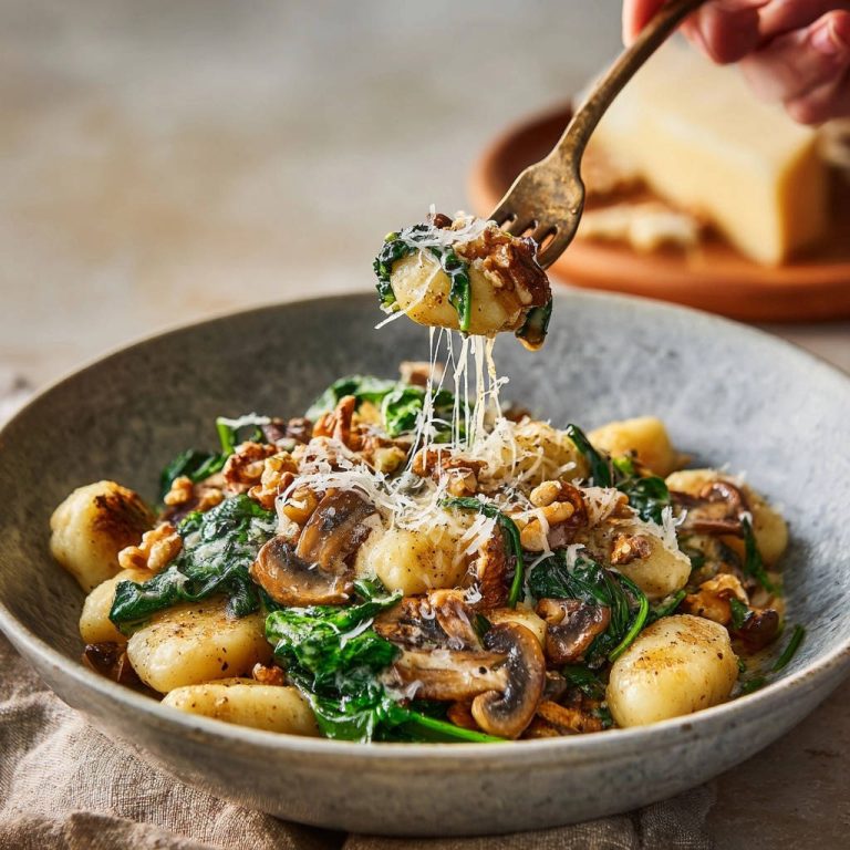 Gnocchi Pfanne mit Pilzen, Spinat und Walnüssen, von einer Gabel mit geschmolzenem Käse angehoben, Nahaufnahme