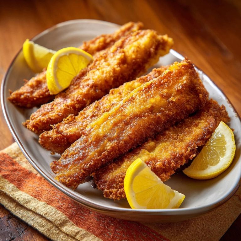 Goldbraune Fischfilets mit Zitrone auf einem Teller, nahaufnahme der knusprigen Panade und frischer Zitrone.