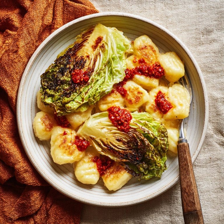 Goldbraune Gnocchi mit gebratenem Baby-Spitzkohl und roter Sauce, nahaufnahme der Textur