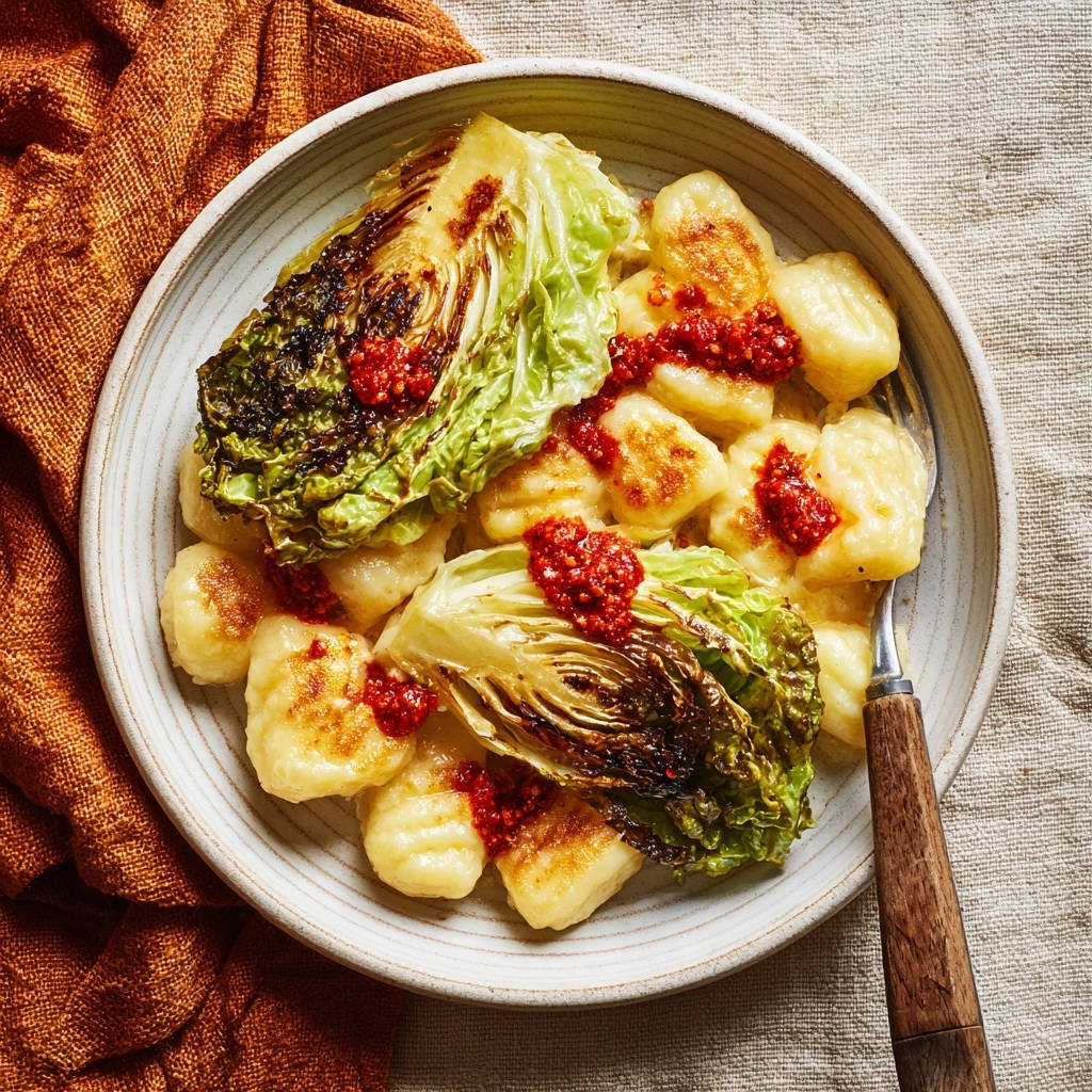 Goldbraune Gnocchi mit gebratenem Baby-Spitzkohl und roter Sauce, nahaufnahme der Textur