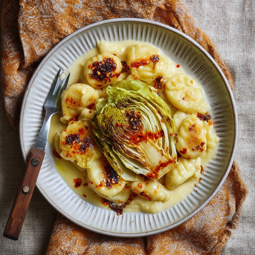 Goldbraune Gnocchi Mit Baby Spitzkohl Nahaufnahme 1 Goldbraune Gnocchi mit gebratenem Baby-Spitzkohl, serviert in einer cremigen Sauce mit Chili-Flocken, Nahaufnahme.