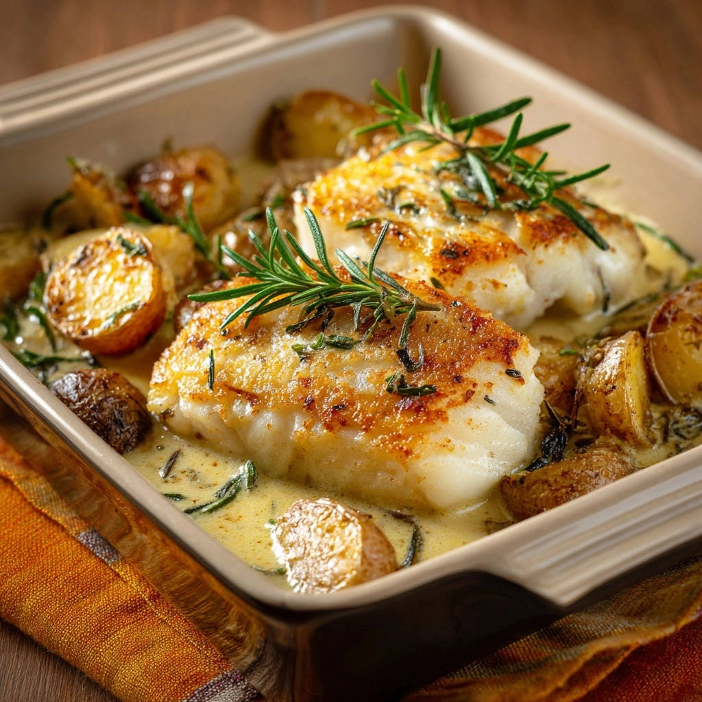 Goldbrauner Fisch in cremiger Rosmarin-Soße mit Ofenkartoffeln, nahaufnahme der goldbraunen Fischfilets mit Rosmarin garniert in einer Auflaufform.