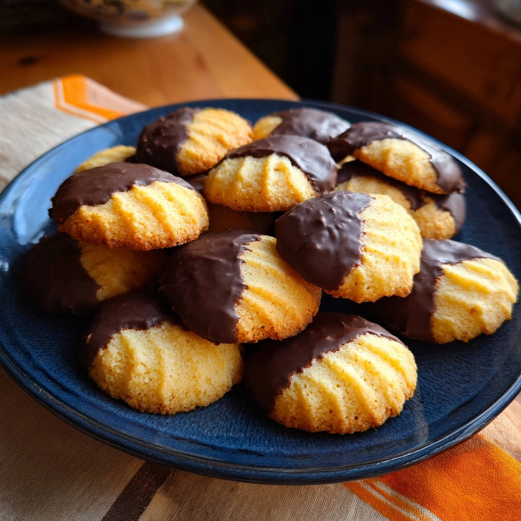 Goldene Butterplätzchen mit Schoko-Überzug auf einem blauen Teller, Nahaufnahme der zartschmelzenden Kekse.