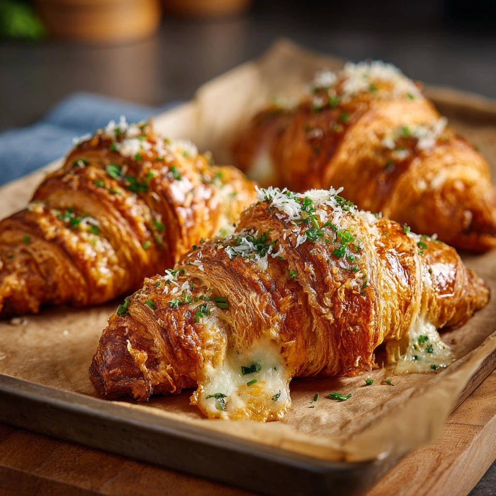 Goldene Kaese Kraeuter Croissants Auslaufender Kaese 1 Goldene Käse-Kräuter-Croissants mit üppig auslaufendem Käse und Kräutern, nah aufgenommen auf einem Backblech.