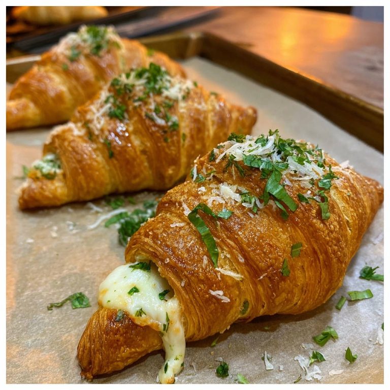 Goldene Käse-Kräuter-Croissants mit geschmolzenem Käse, der aus dem Inneren fließt, frisch garniert mit Kräutern und Käse.