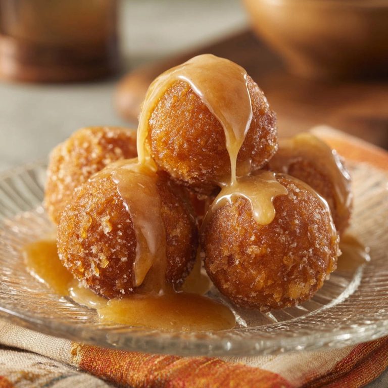Goldene Zuckerkugeln mit Karamellsauce, übergossen mit glänzender Sauce, Nahaufnahme auf einem Teller.