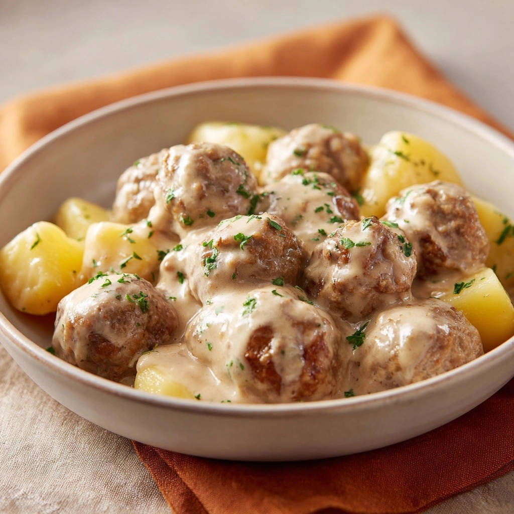 Hackbällchen in Rahmsauce mit Salzkartoffeln, eine Nahaufnahme der saftigen Fleischbällchen mit cremiger Sauce und Petersilie garniert.