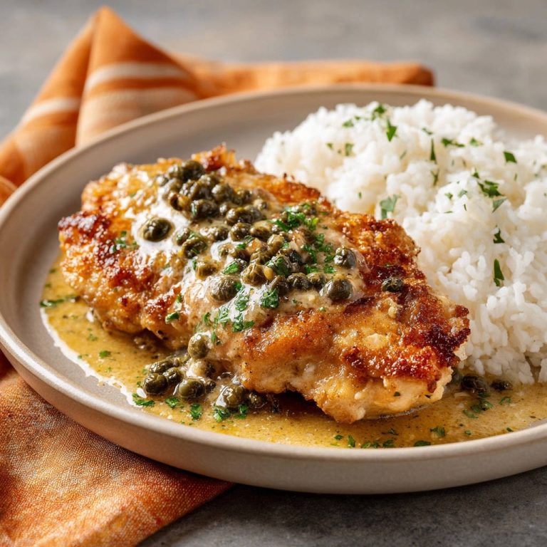 Hähnchen Piccata mit Kapern in cremiger Sauce, serviert mit Reis auf einem Teller, Nahaufnahme der Sauce und des Geflügels.
