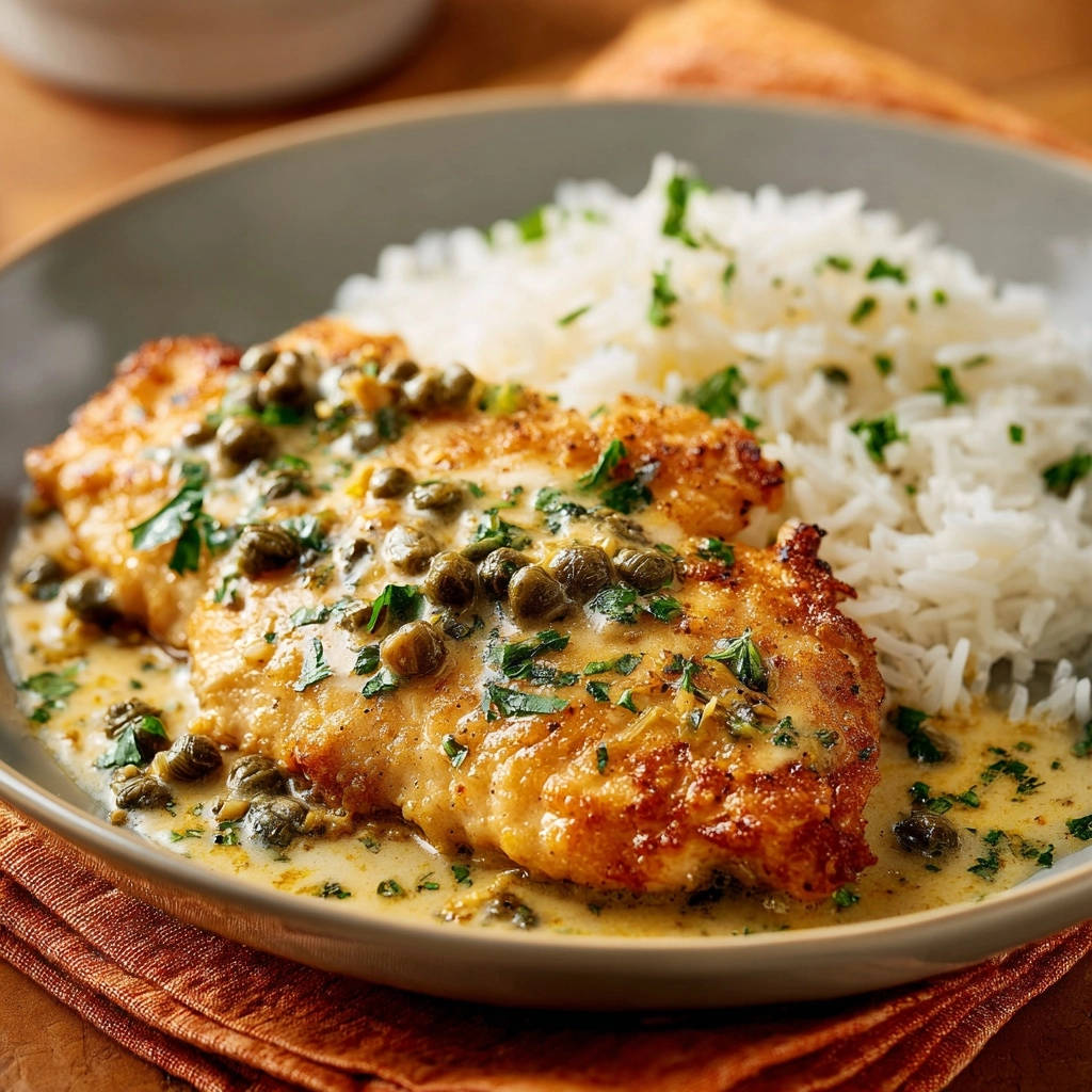 Hahnchen Piccata Nahaufnahme Sauce Und Reis 1 Hähnchen Piccata serviert mit einer cremigen Kapernsauce und weißem Reis, detailreiche Nahaufnahme des Gerichts.