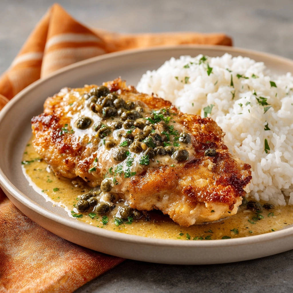 Hähnchen Piccata mit Kapern in cremiger Sauce, serviert mit Reis auf einem Teller, Nahaufnahme der Sauce und des Geflügels.