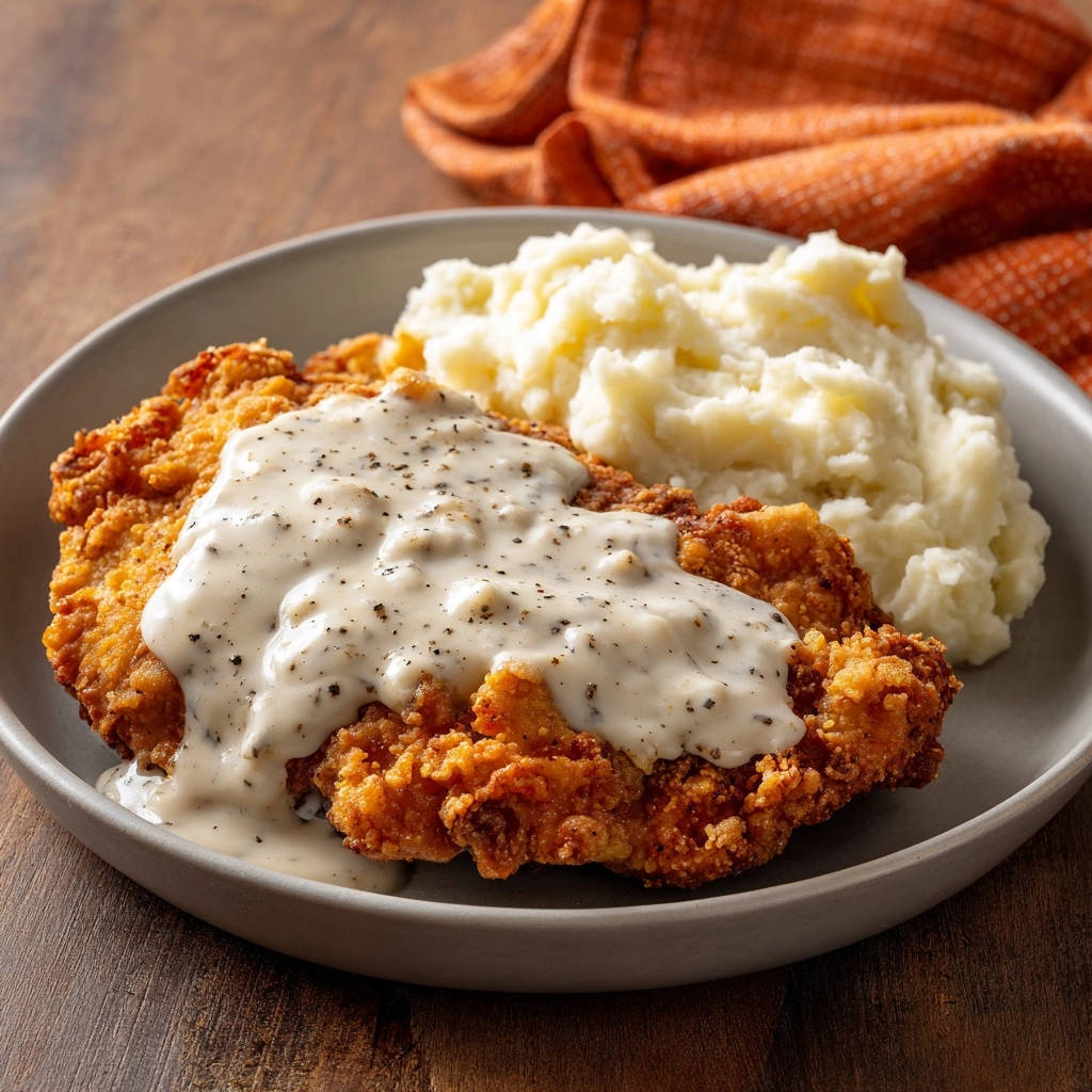 Hahnchen Steak Pfeffer Rahmsose Serviert 1 Knuspriges Hähnchen-Steak mit Pfeffer-Rahmsoße und Kartoffelpüree, serviert auf einem Teller mit einem orangefarbenen Tuch im Hintergrund.