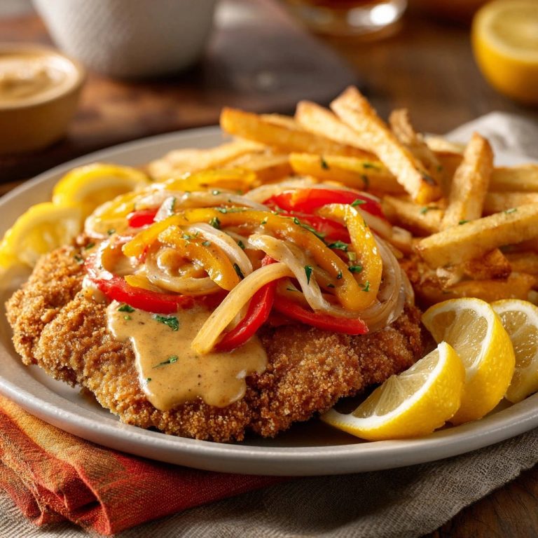 Hähnchenschnitzel mit Paprika-Zwiebel-Sauce und Pommes Frites, serviert auf einem Teller mit Zitronenspalten und einem orangen Tuch.