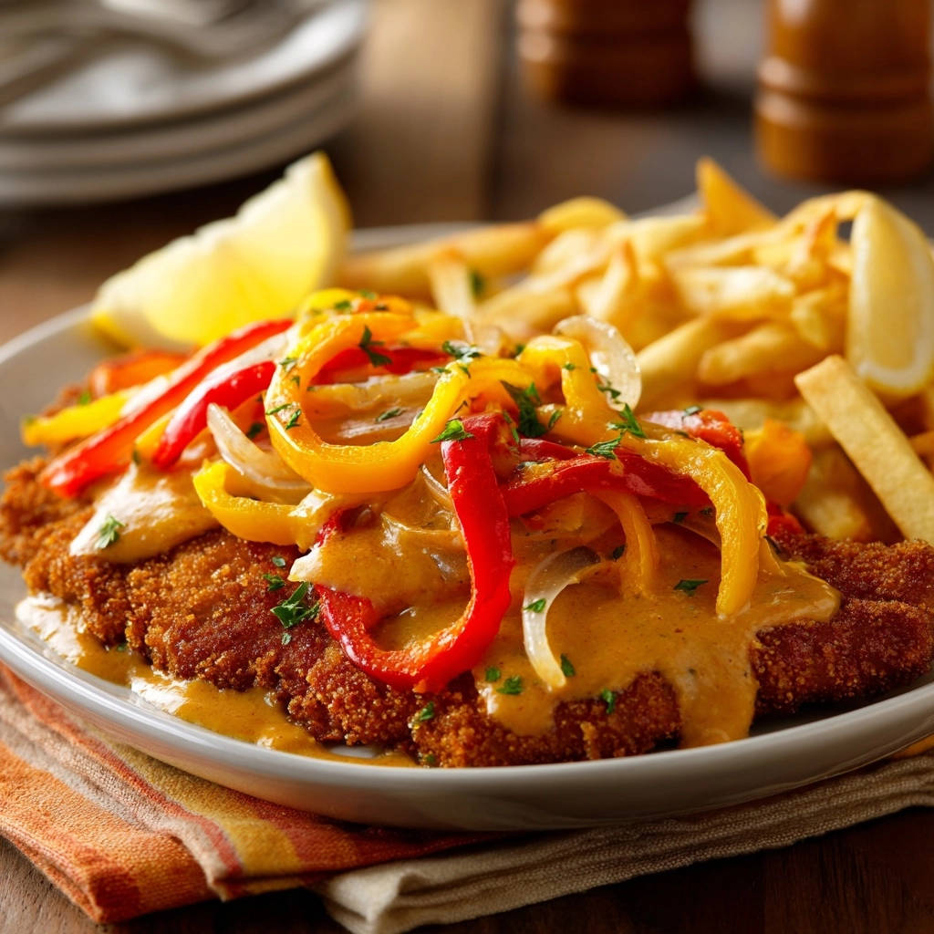 Hahnchenschnitzel Mit Paprika Zwiebel Sauce Serviert Mit Pom 1 Hähnchenschnitzel mit Paprika-Zwiebel-Sauce und Pommes Frites, serviert auf einem Teller mit Zitronenspalte und garniert mit Petersilie.