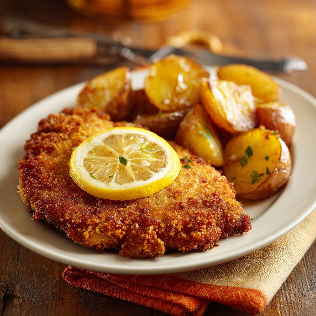 Hahnchenschnitzel Mit Rosmarinkartoffeln Zitrone Garniert 1 Knuspriges Hähnchenschnitzel mit Rosmarinkartoffeln, garniert mit einer Zitronenscheibe auf einem Teller.