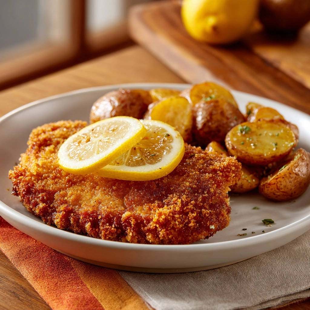 Knuspriges Hähnchenschnitzel mit Rosmarinkartoffeln, garniert mit Zitronenscheiben auf einem Teller.
