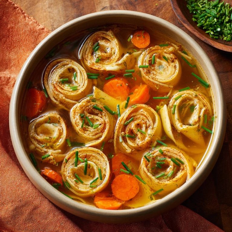 Hausgemachte Suppen-Nudelröllchen in einer Schüssel, Nahaufnahme mit Karottenstückchen und Schnittlauch garniert.