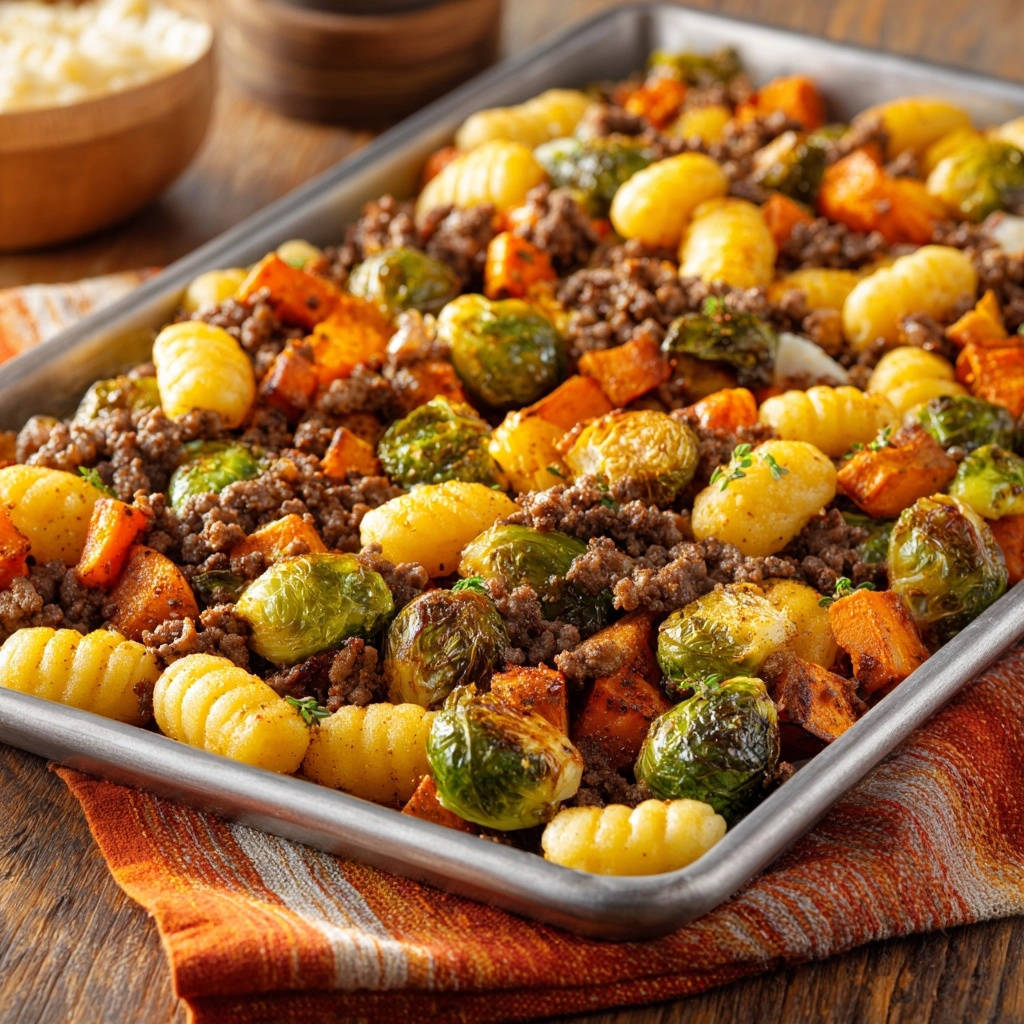 Herbstliches Gnocchi-Blech mit Hack und Ofengemüse, Nahaufnahme des knusprigen Gerichts auf einem Backblech mit Gnocchi, Rosenkohl und Süßkartoffeln.