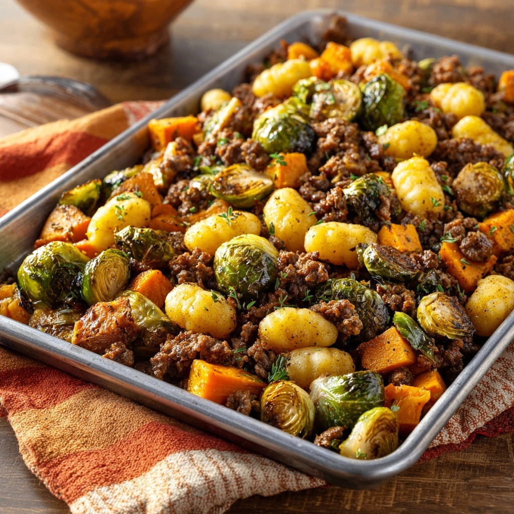 Herbstliches Gnocchi-Blech mit Hack und Ofengemüse, eine Nahaufnahme der knusprigen Zutaten auf einem Backblech.