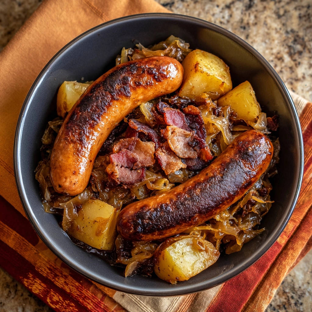 Herzhafte Bratwurst Pfanne Draufsicht 1 Herzhafte Bratwurst-Pfanne mit Speckkraut und Kartoffeln, eine rustikale Schüssel mit gebratenen Würsten, Speck und Kartoffeln von oben gesehen.