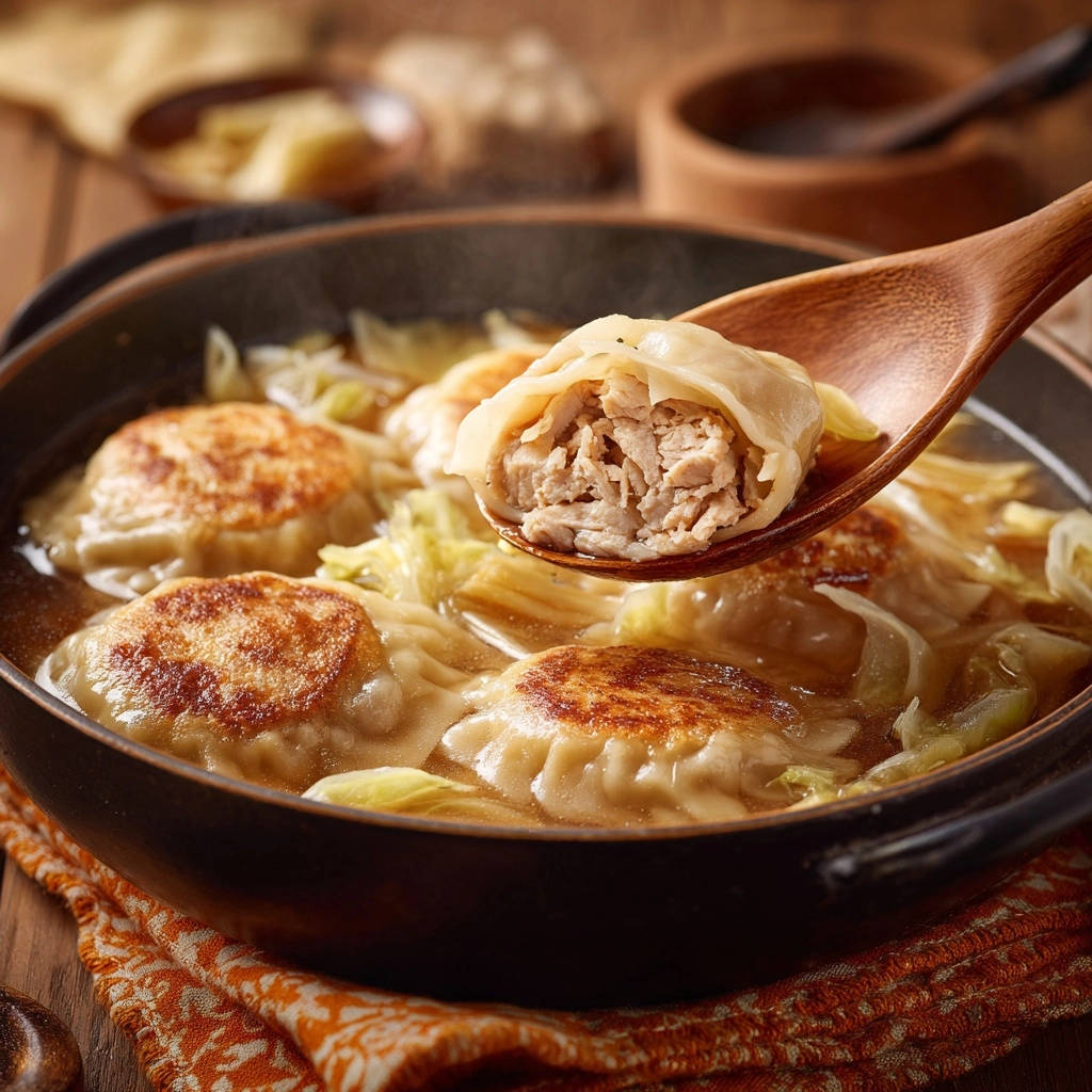 Herzhafte Dumpling-Suppe mit Chinakohl, eine Dumpling wird von einem Holzlöffel gezeigt, der das saftige Innere offenbart.