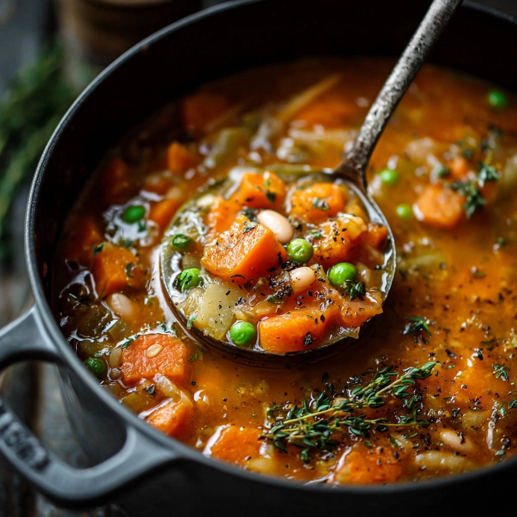 Herzhafte Gemüsesuppe, die niemals matschig wird, mit einer Kelle voller Gemüse und Brühe in Nahaufnahme.
