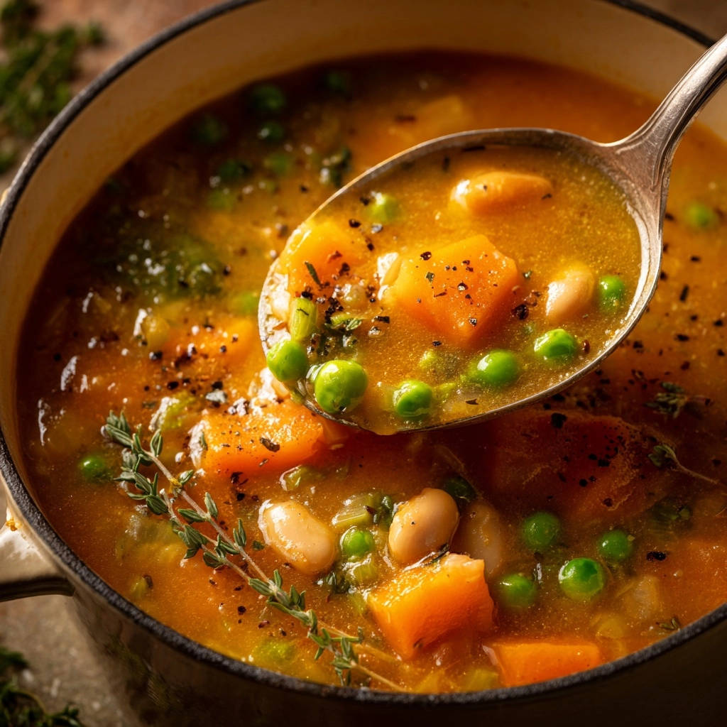 Herzhafte Gemüsesuppe, die niemals matschig wird, im Löffel aufgenommen mit viel Gemüse wie Karotten und Erbsen.