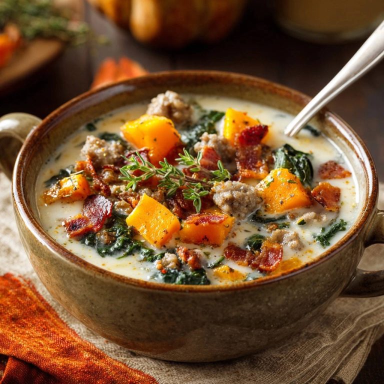 Herzhafte Herbst-Cremesuppe mit Kürbis, Grünkohl und Hackfleisch als Nahaufnahme mit frischem Thymian garniert.