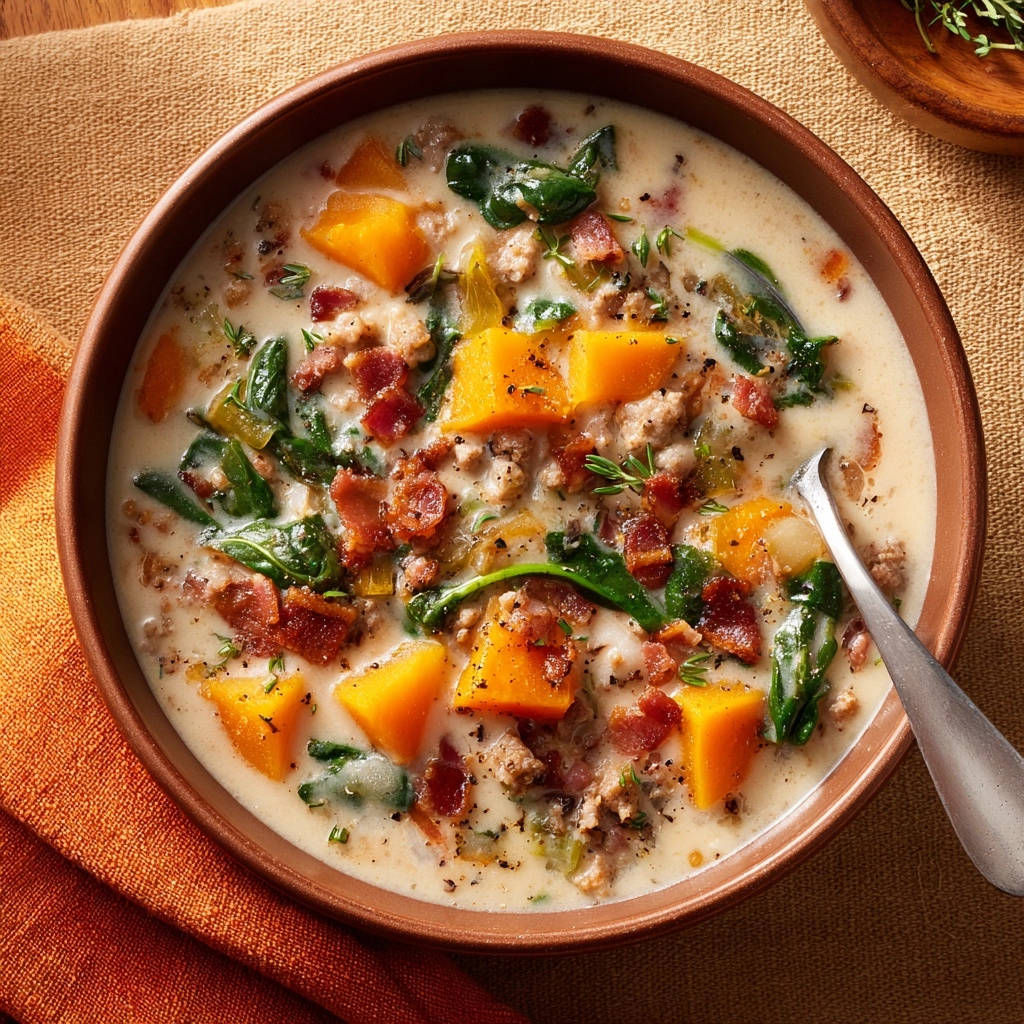 Herzhafte Herbst Cremesuppe Nahaufnahme Schuessel 1 Herzhafte Herbst-Cremesuppe mit Kürbis, Grünkohl und Hackfleisch als Nahaufnahme in einer braunen Schüssel mit Löffel.