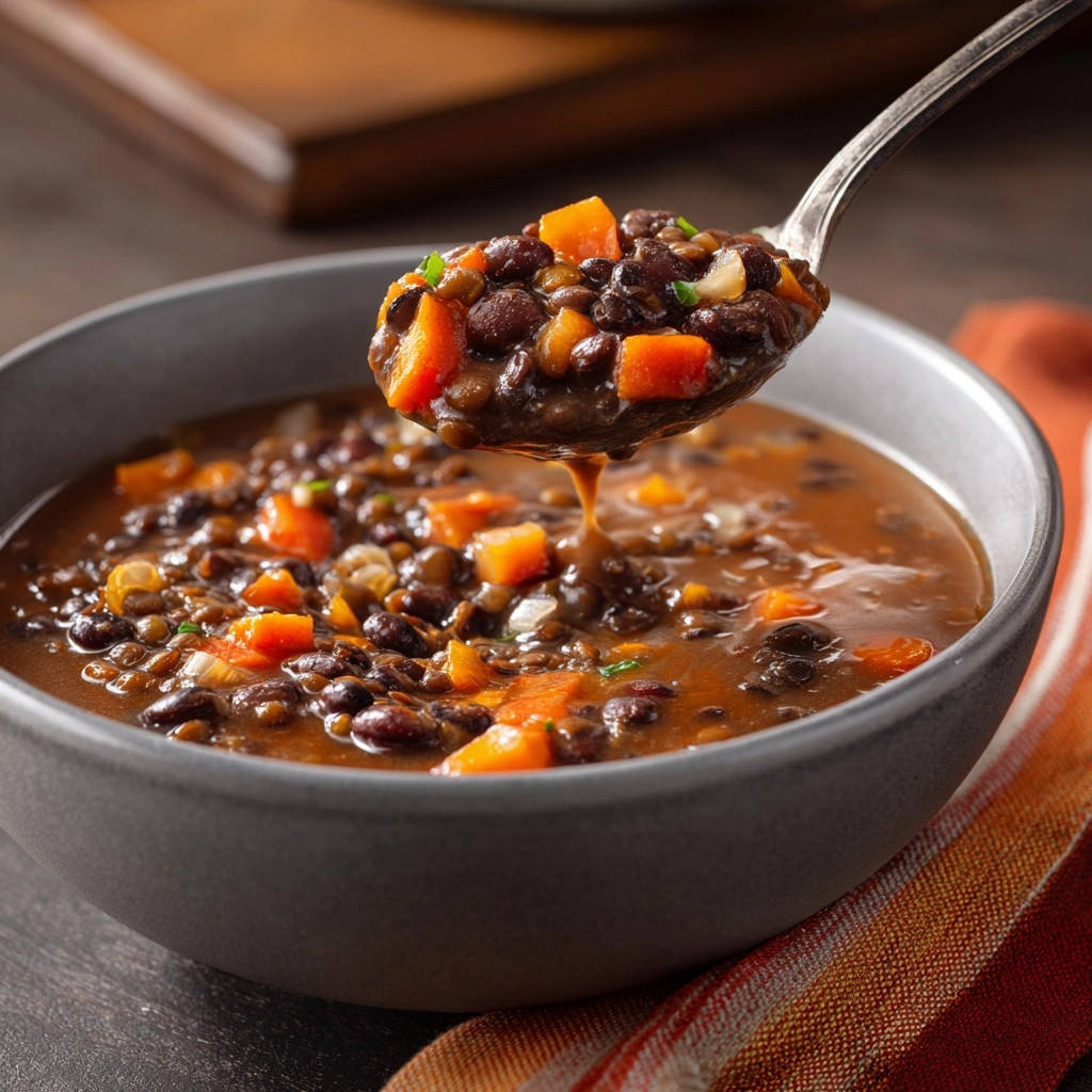 Herzhafte Linsensuppe Detail Lffel 1 Herzhafte Linsensuppe mit Wurzelgemüse, detailnah von einem Löffel serviert, der die Textur des Gerichts zeigt.