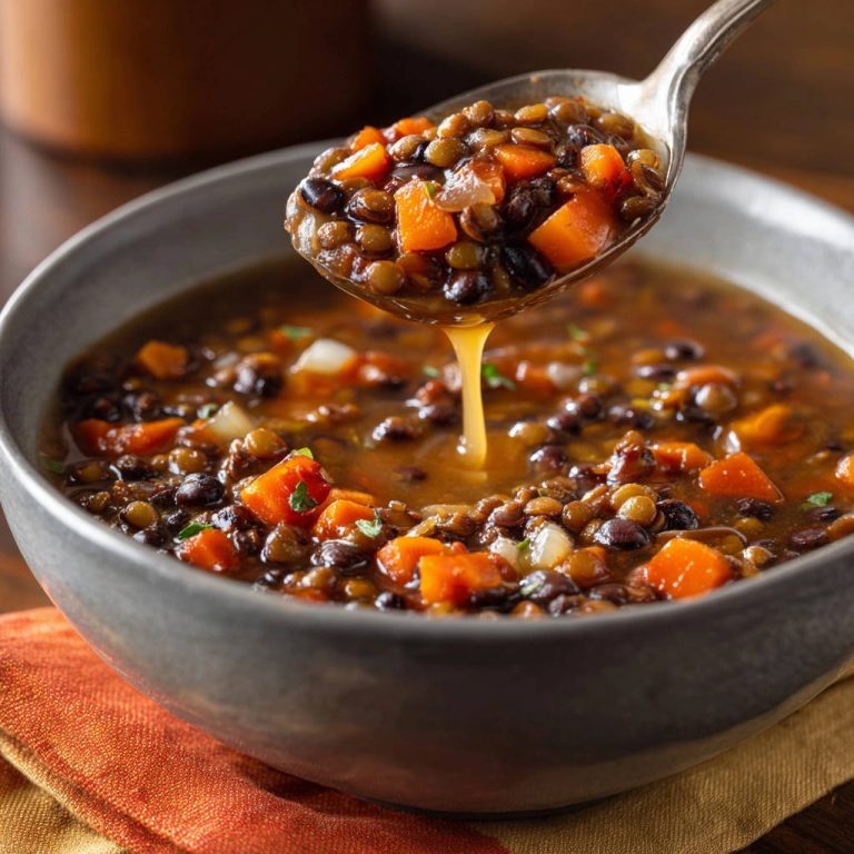 Herzhafte Linsensuppe mit Wurzelgemüse, die mit einem Löffel aus der Schüssel gehoben wird, Nahaufnahme der Textur.