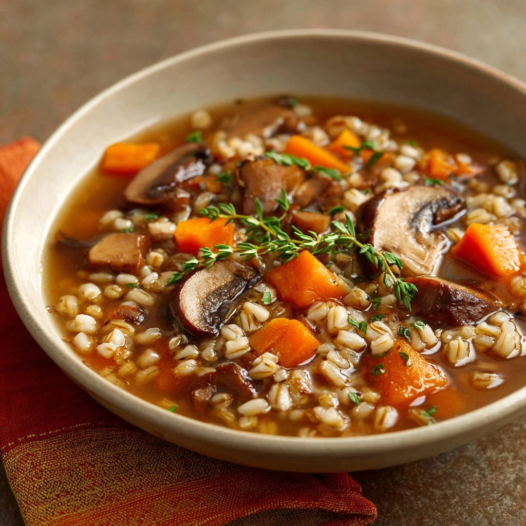 Herzhafte Pilz-Gersten-Suppe als Nahaufnahme mit Gerstenkörnern, Pilzen und Karottenstücken in einer Schüssel.