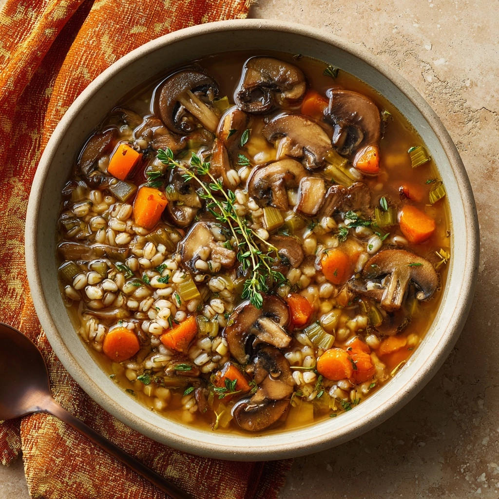 Herzhafte Pilz-Gersten-Suppe von oben in einer Schüssel mit Gerste, Pilzen, Karotten und frischen Kräutern garniert.