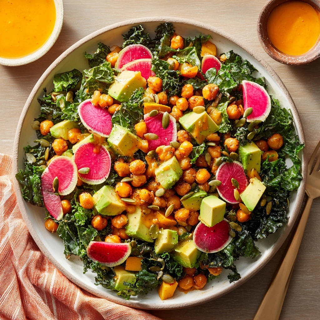 Herzhafter Grünkohl-Salat mit gerösteten Kichererbsen, Avocado und Radieschen von oben auf dem Teller angerichtet.
