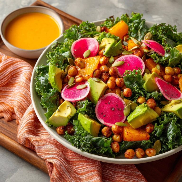 Herzhafter Grünkohl-Salat mit gerösteten Kichererbsen, nahaufnahme der knackigen Kichererbsen, Avocado und Radieschenscheiben.