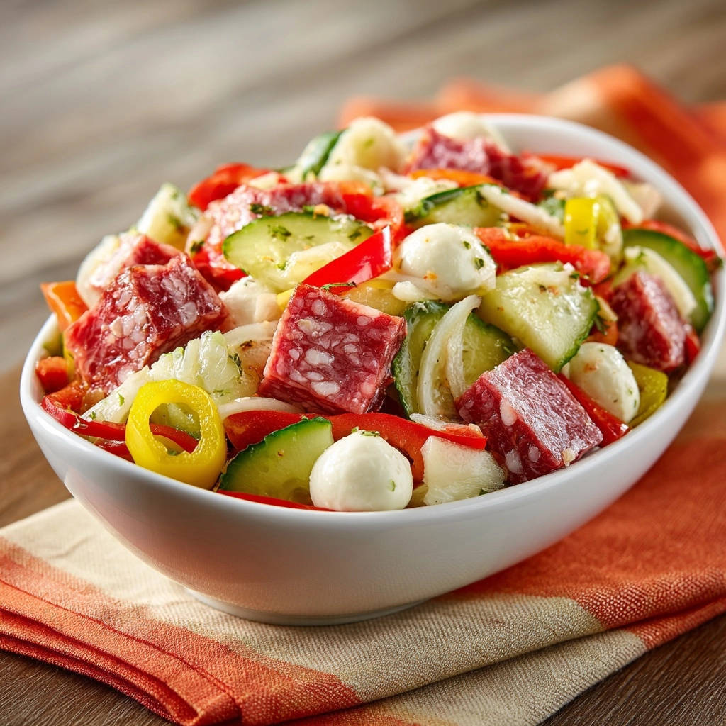 Herzhafter Salami Nudelsalat Nahaufnahme 1 Herzhafter Salami-Nudelsalat in einer weißen Schüssel, Nahaufnahme der saftigen Zutaten wie Salami, Mozzarella und Gemüse.