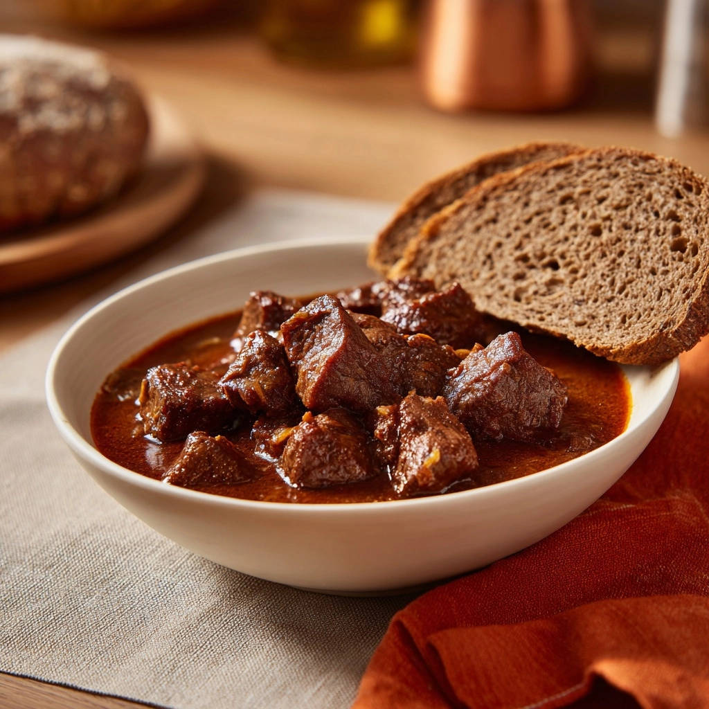 Herzhaftes Rindergulasch Nahaufnahme Schuessel 1 Herzhaftes Rindergulasch in einer Schüssel mit Brot serviert, Nahaufnahme der Fleischstücke in der Sauce.