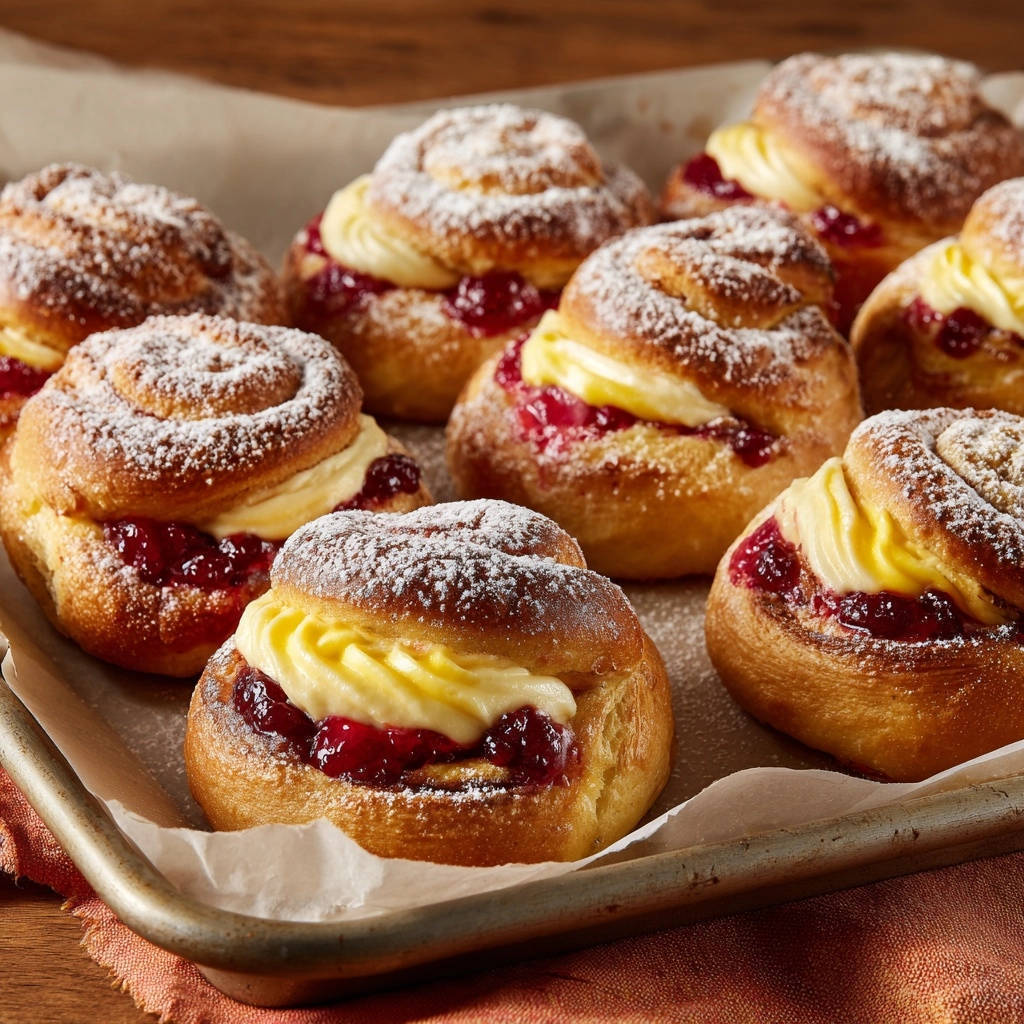 Himbeer-Vanille-Schnecken mit viel cremigem Vanillepudding und fruchtiger Himbeermarmelade, bestäubt mit Puderzucker.