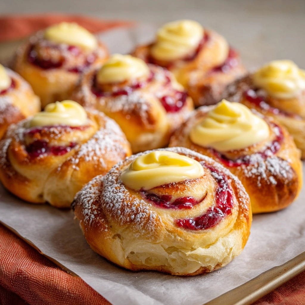 Himbeer-Vanille-Schnecken frisch gebacken und mit Puderzucker bestäubt, Nahaufnahme der saftigen Füllung.