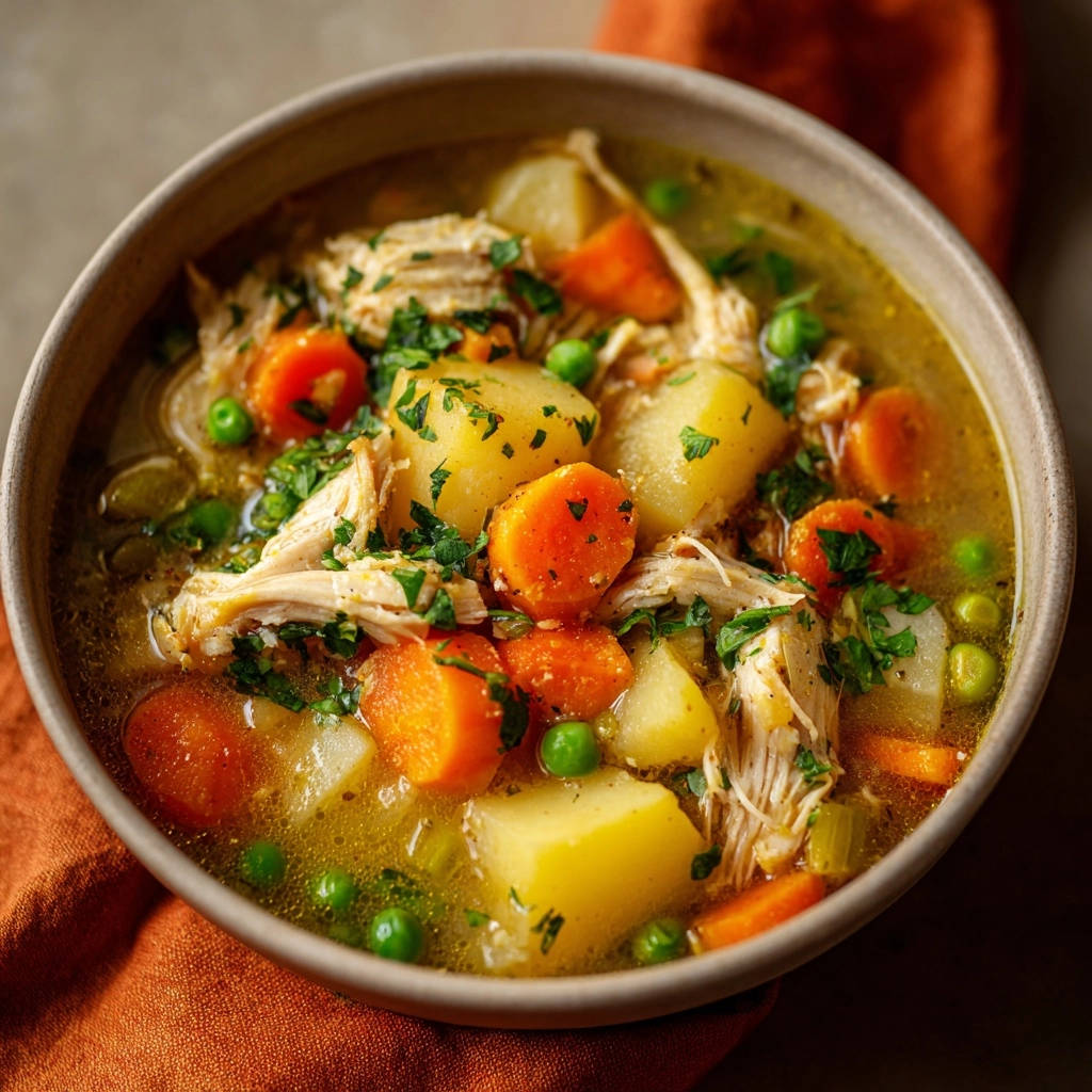 Herzhafte Hühnersuppe mit knusprigen Kartoffeln und Karotten in Nahaufnahme, garniert mit Petersilie.